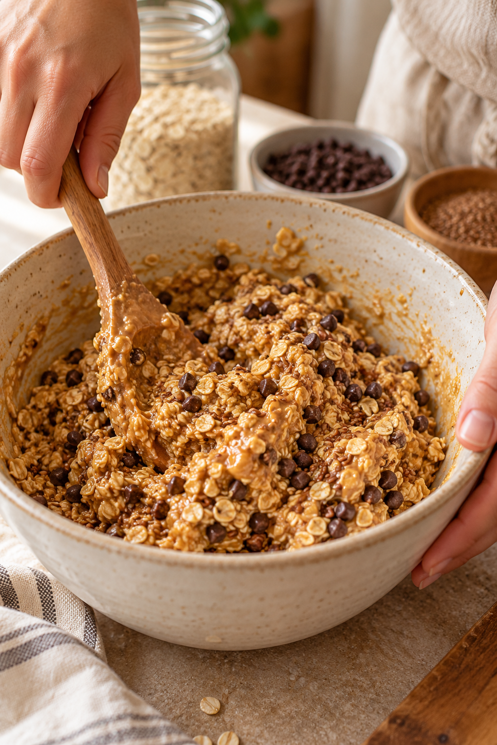 Mixing the peanut butter energy ball mixture in a bowl