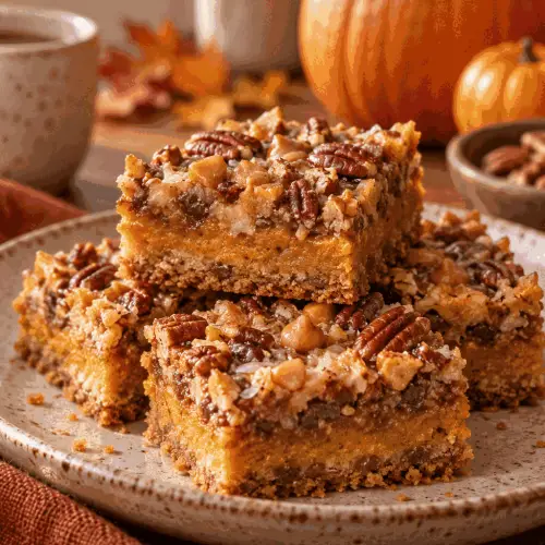 Pumpkin magic bars with pecans and butterscotch