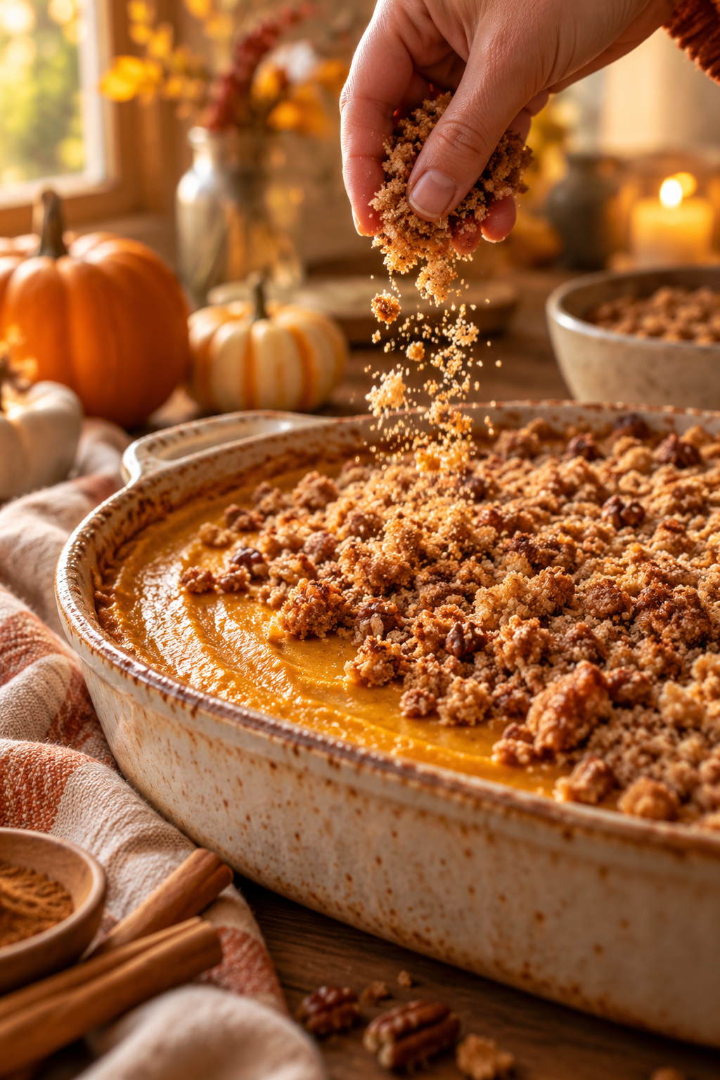 Pumpkin pie crisp being assembled before baking