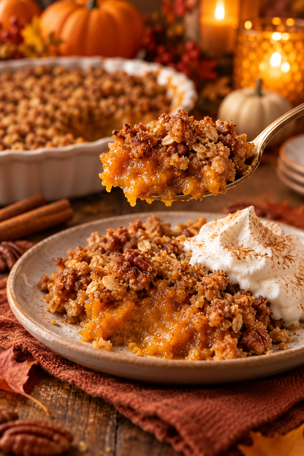 Warm pumpkin pie crisp with cinnamon streusel
