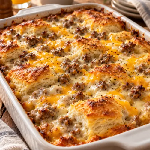 Sausage and gravy breakfast casserole with biscuits and eggs