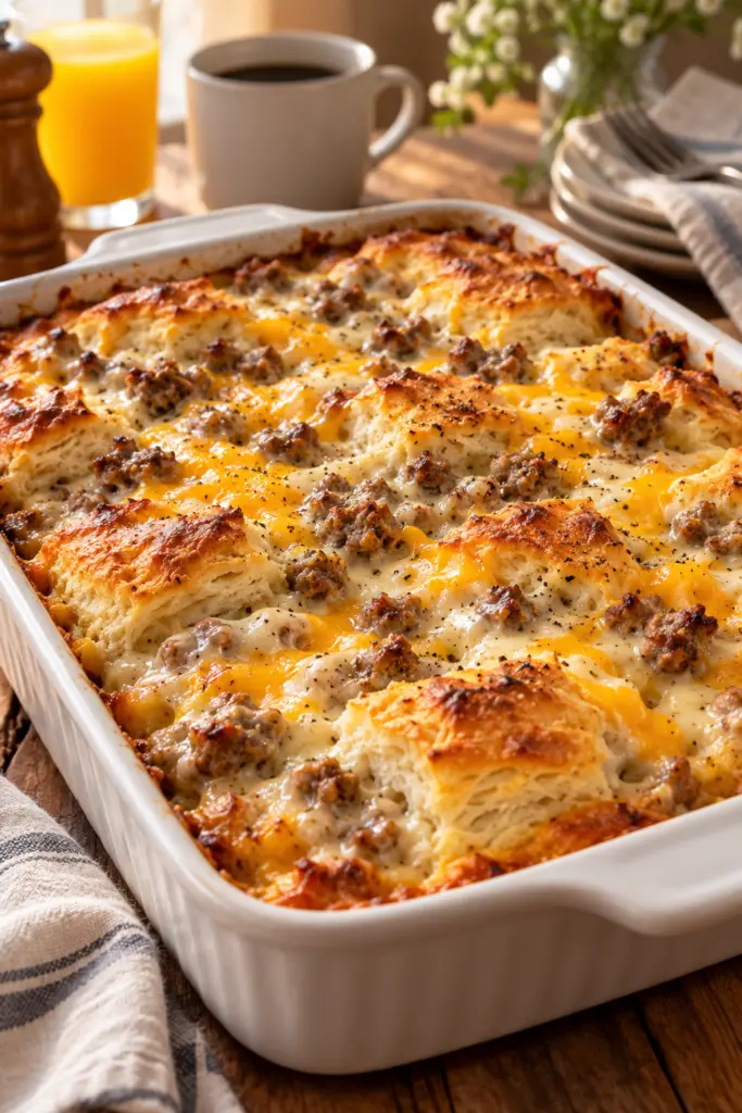 Sausage and gravy breakfast casserole with biscuits and eggs
