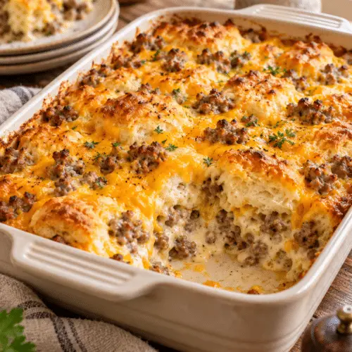 sausage and gravy breakfast casserole finished dish