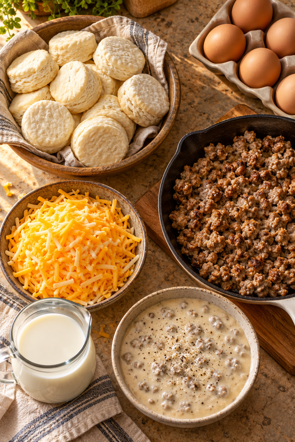 Ingredients for sausage and gravy breakfast casserole