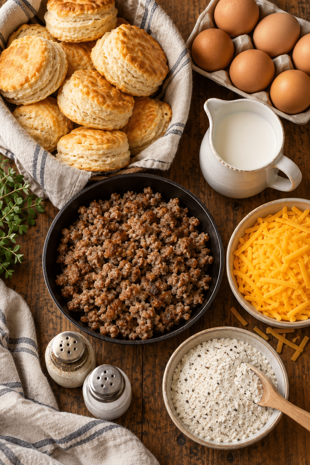 Ingredients for sausage and gravy breakfast casserole