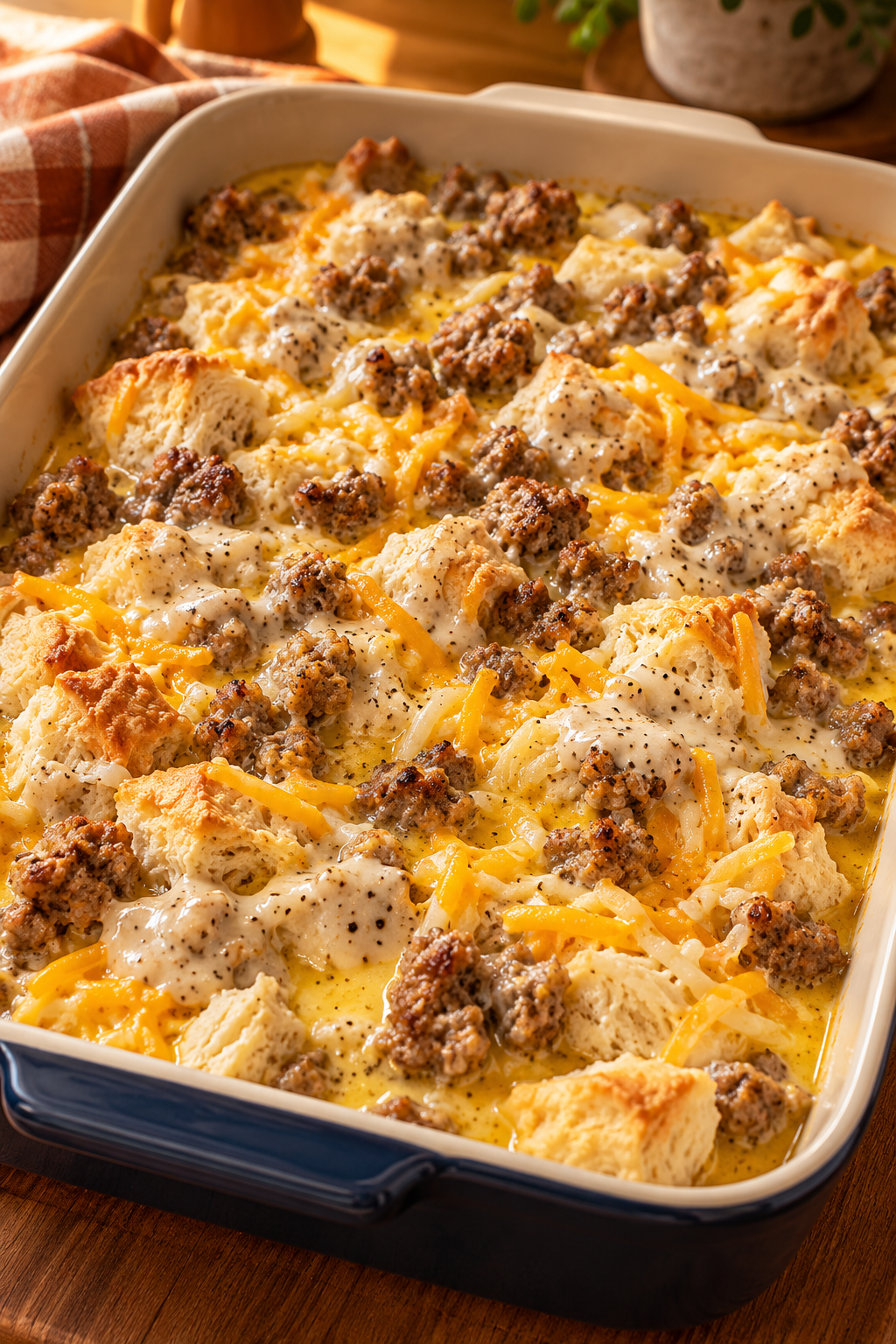 Layering sausage, biscuits, eggs, cheese, and gravy for the casserole