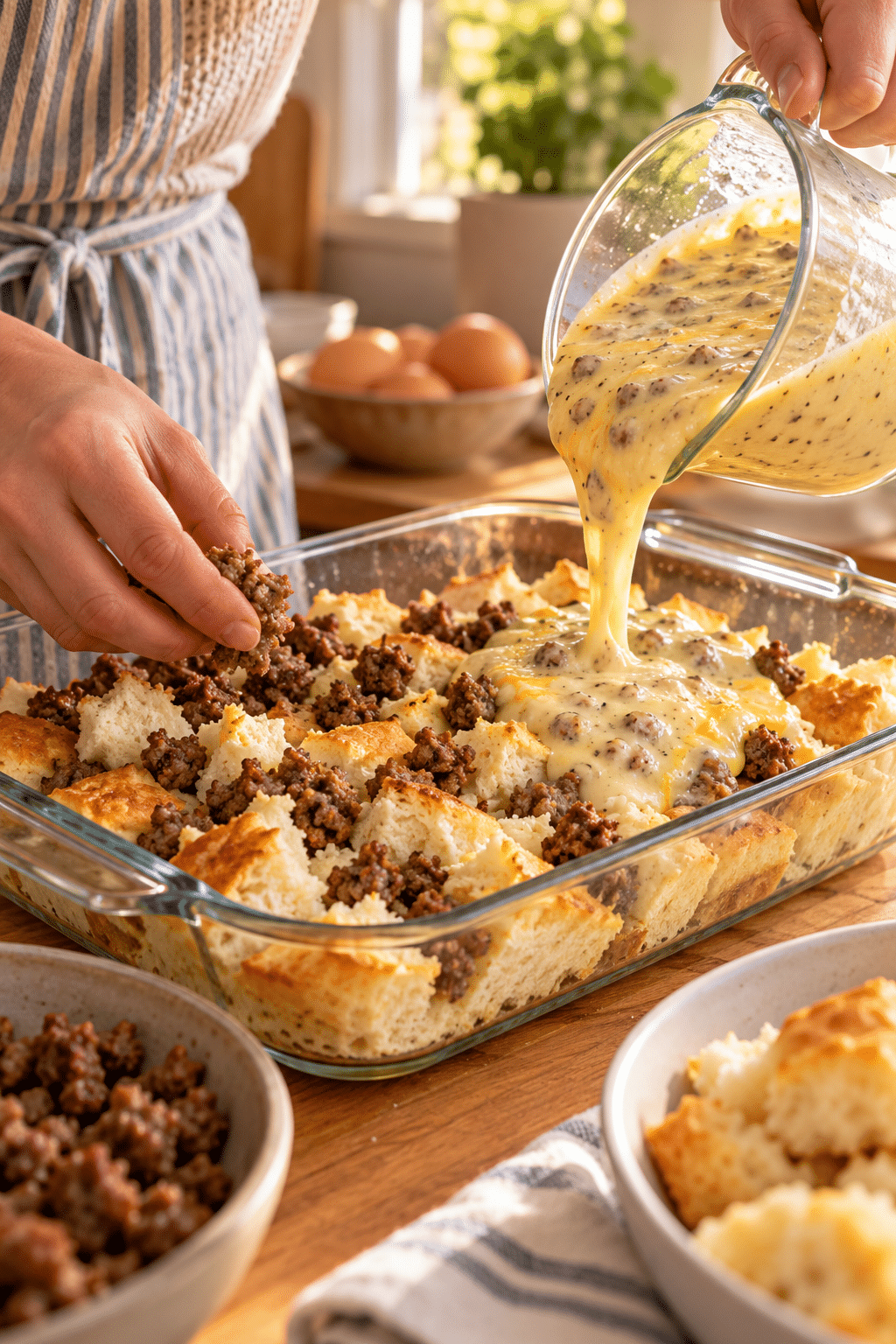Preparing sausage and gravy breakfast casserole