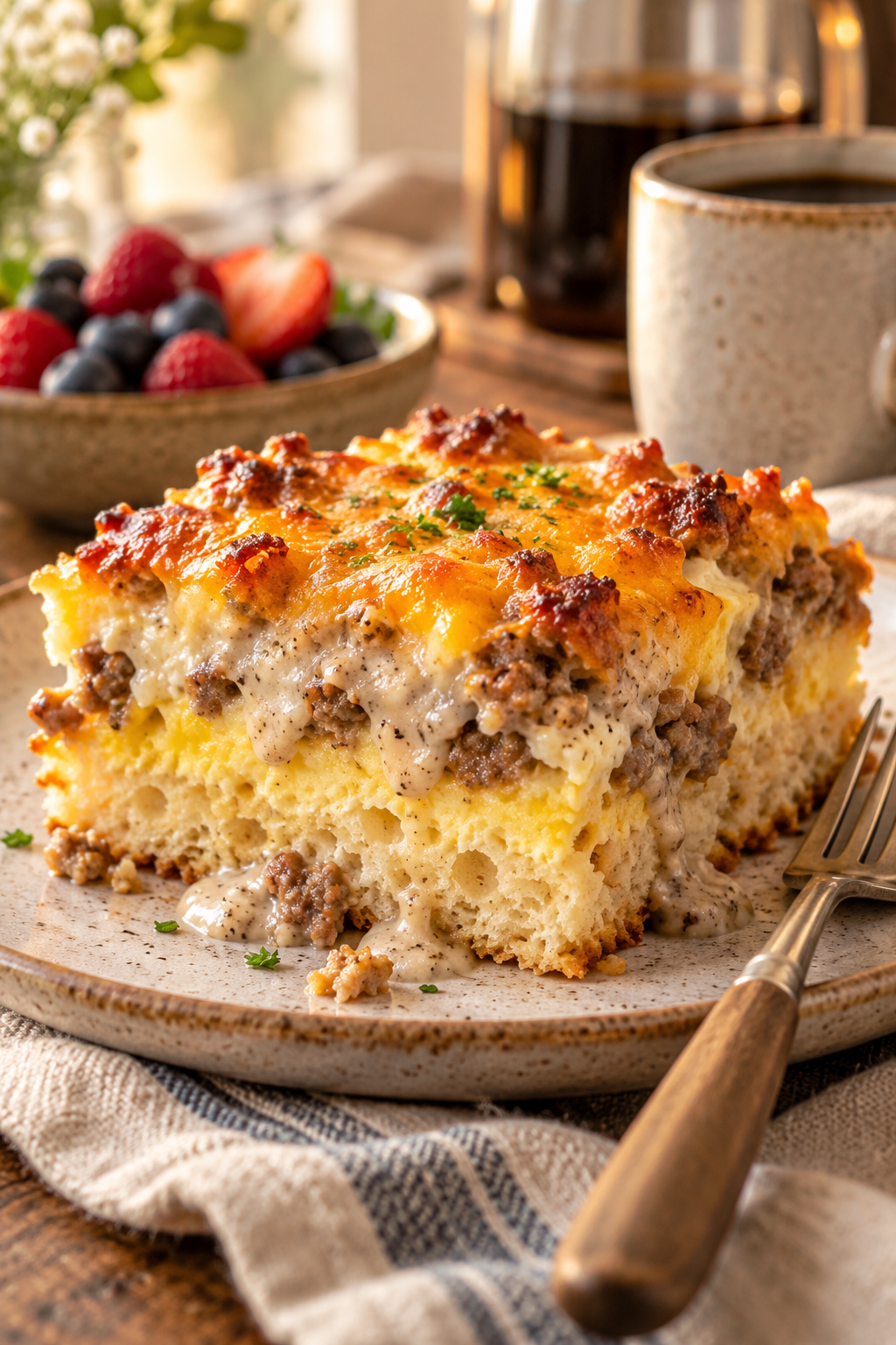 Baked sausage and gravy breakfast casserole served warm