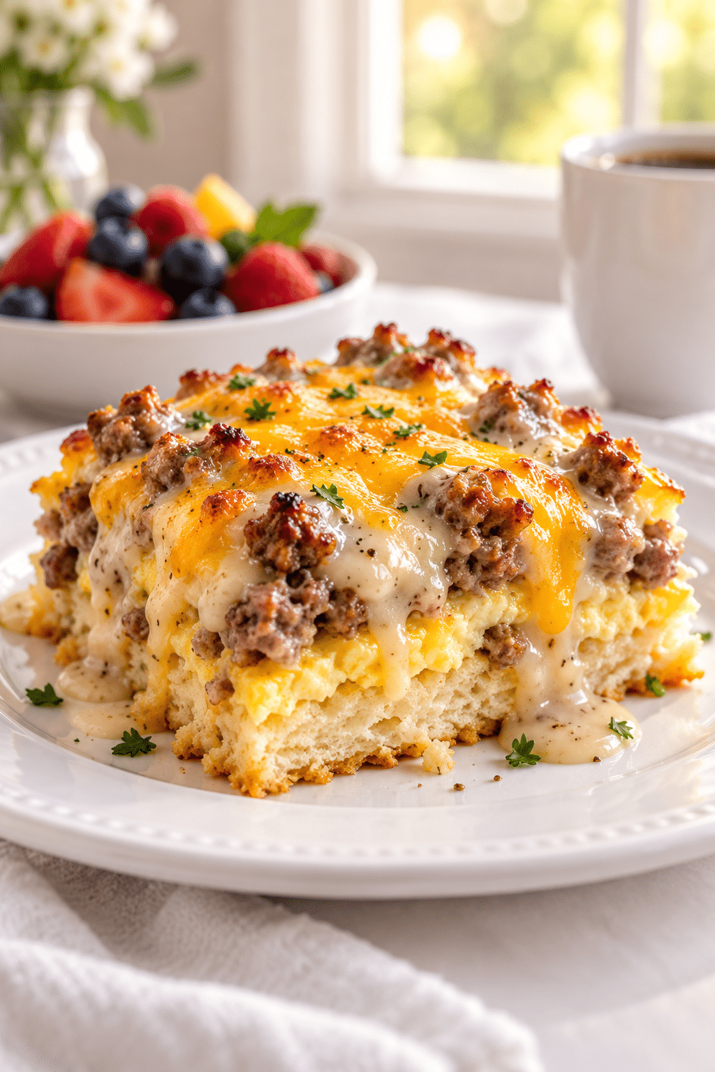 Sliced sausage and gravy breakfast casserole