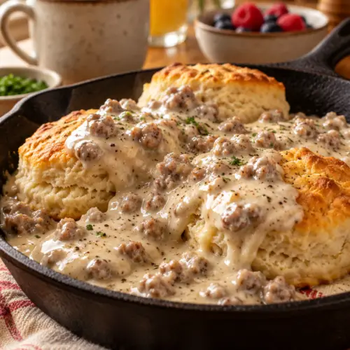 sausage gravy served warm over biscuits