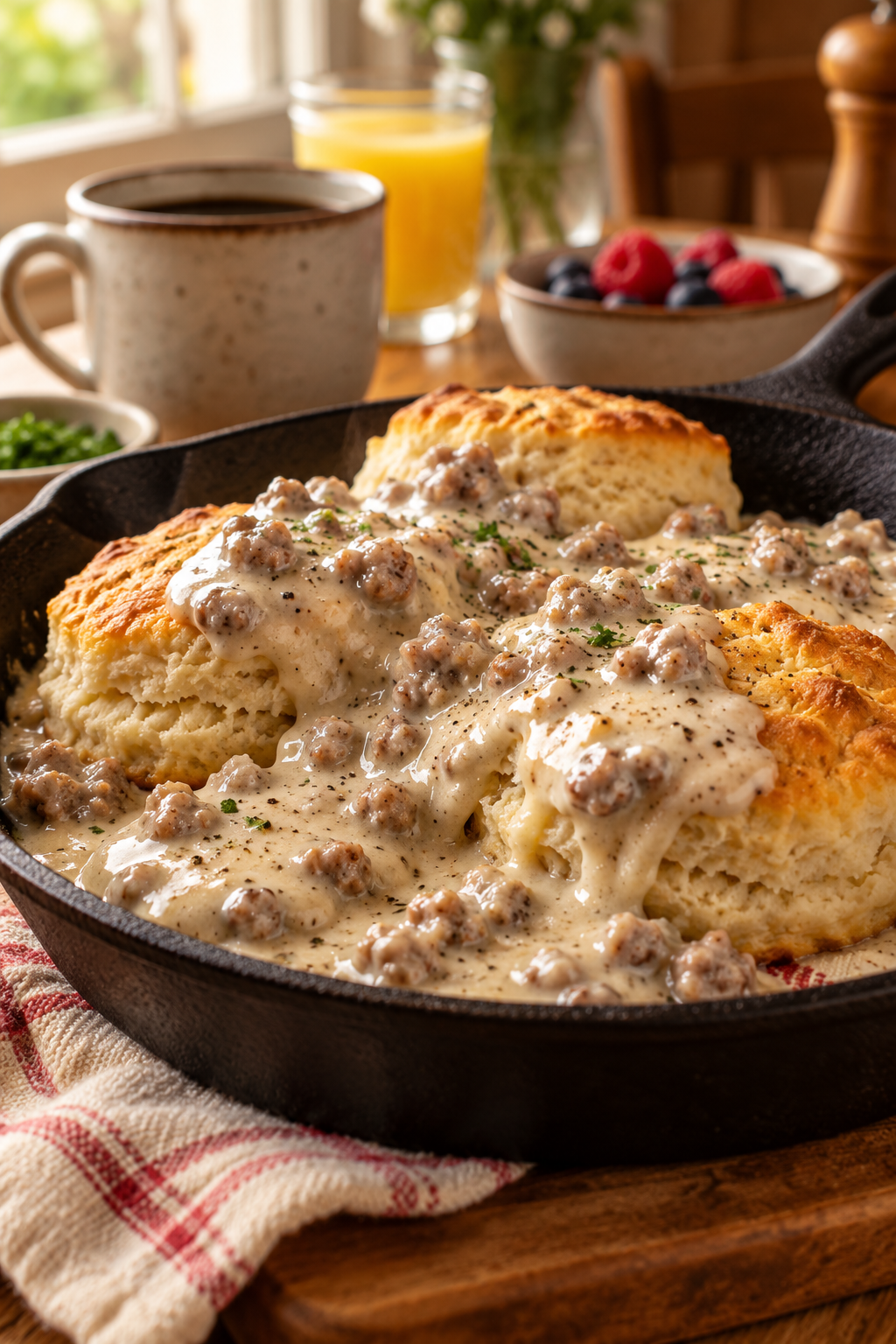 sausage gravy served warm over biscuits