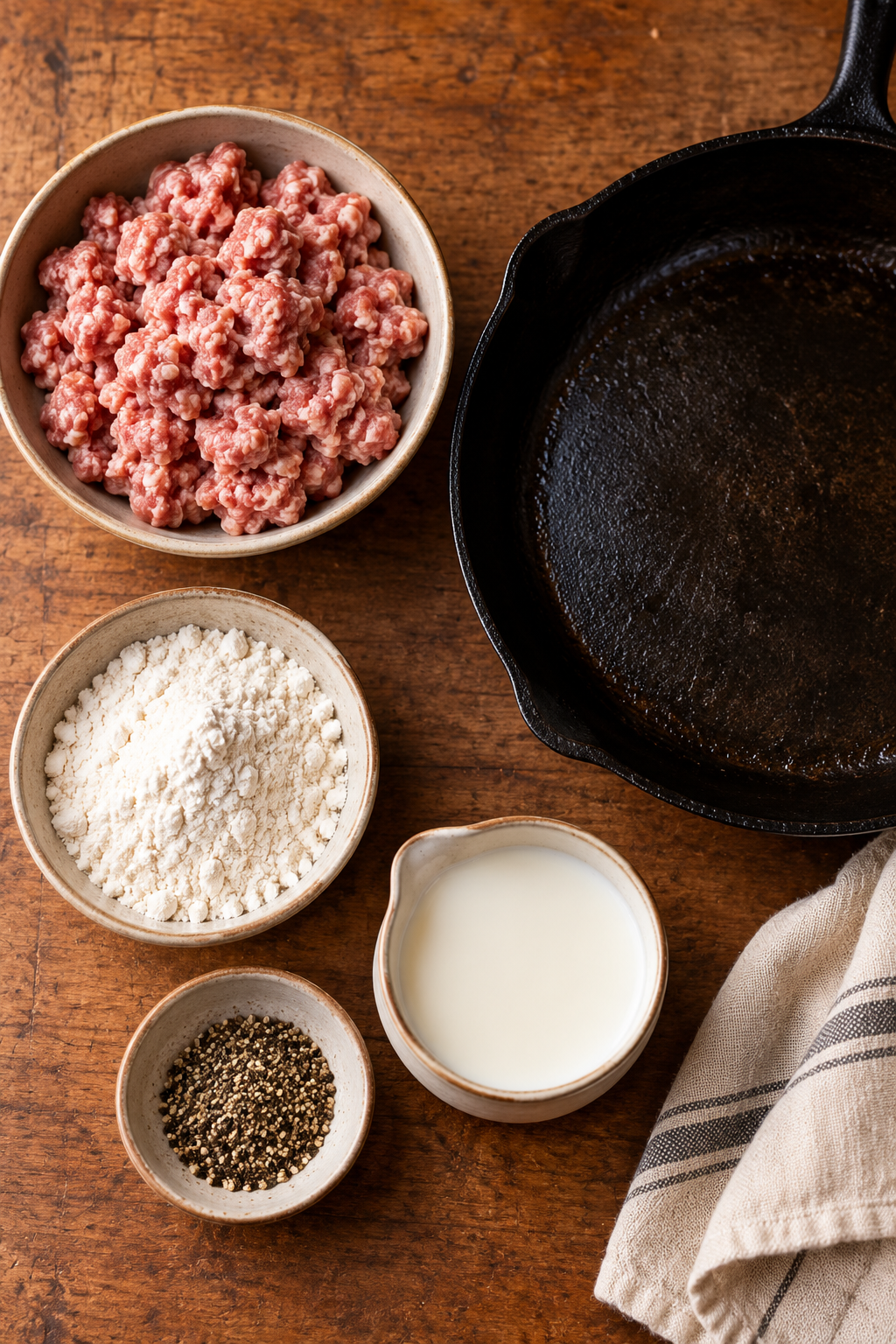 sausage gravy ingredients measured and arranged