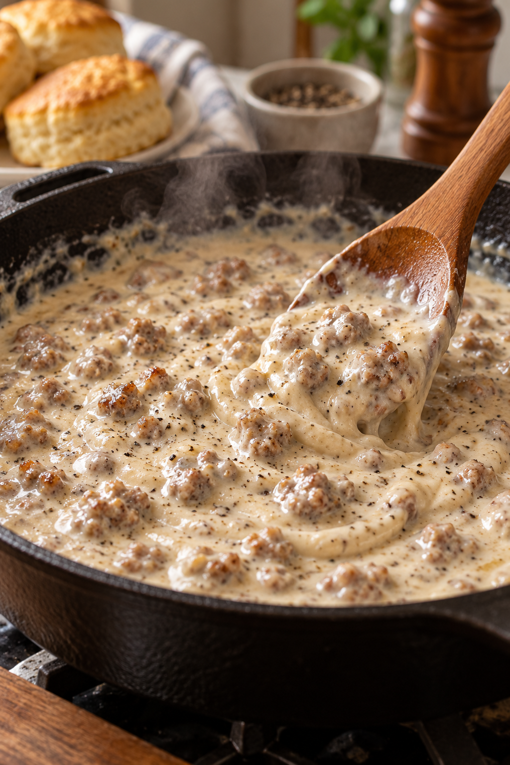 sausage gravy thickening in a skillet