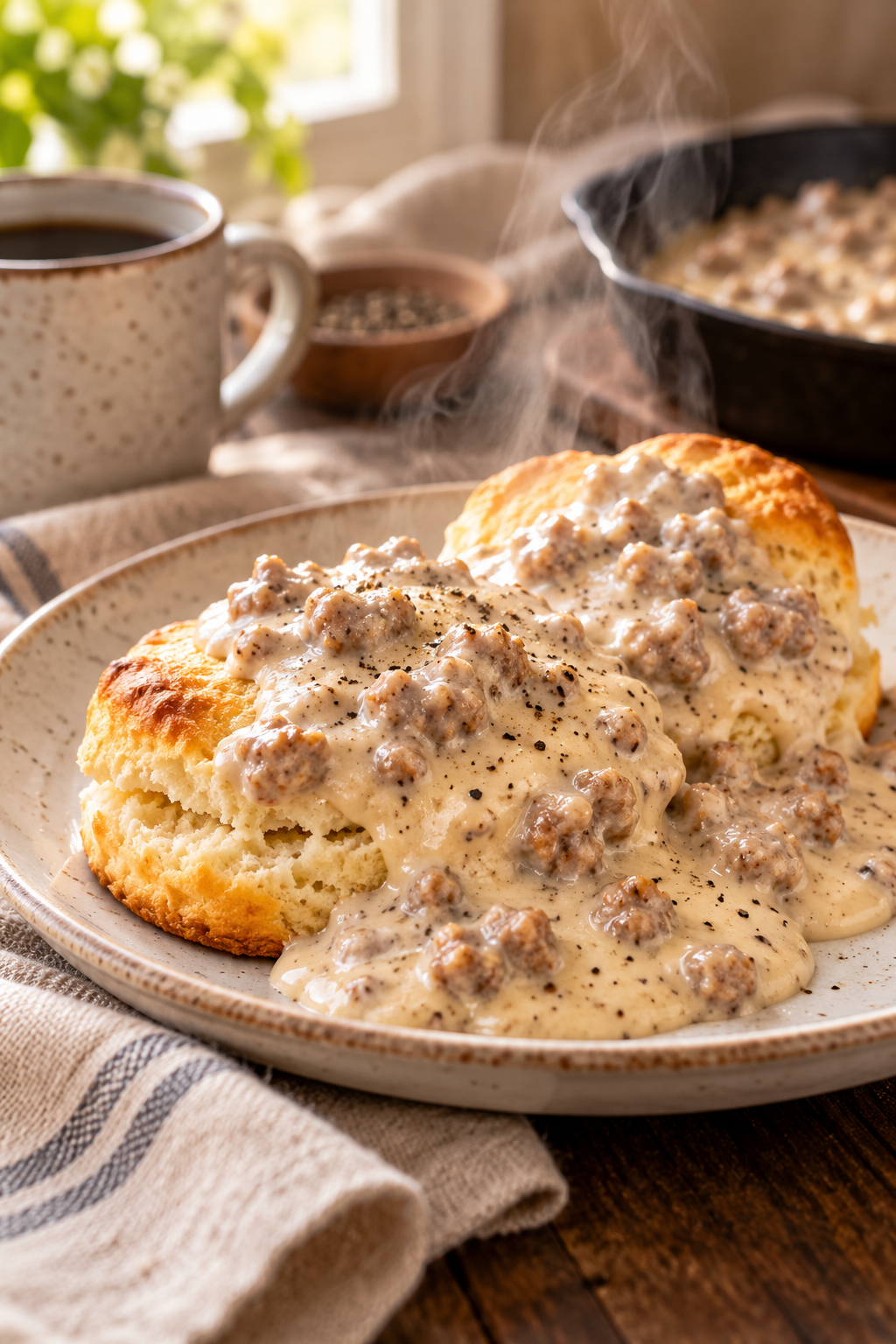 sausage gravy spooned over warm biscuits