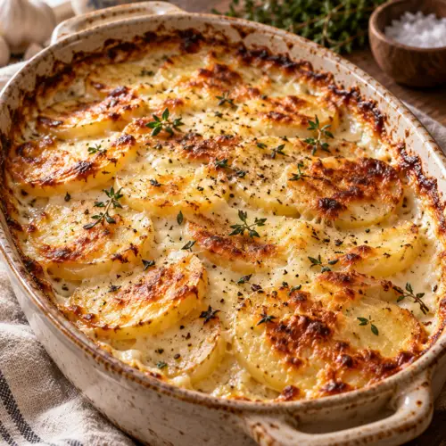 Scalloped potatoes in a baking dish