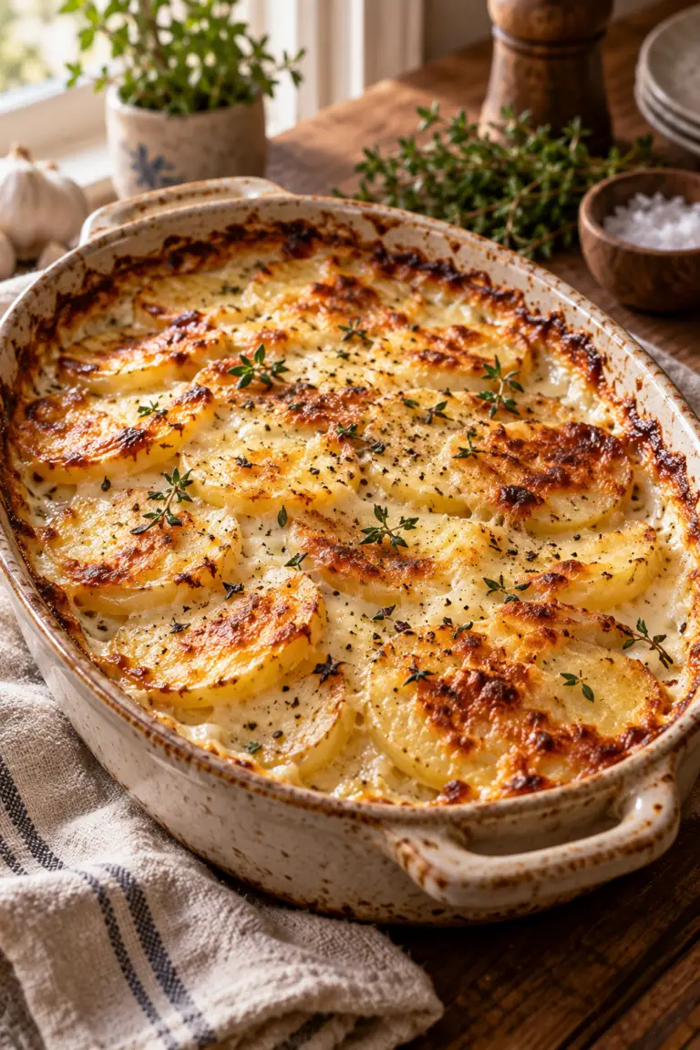 Scalloped potatoes in a baking dish