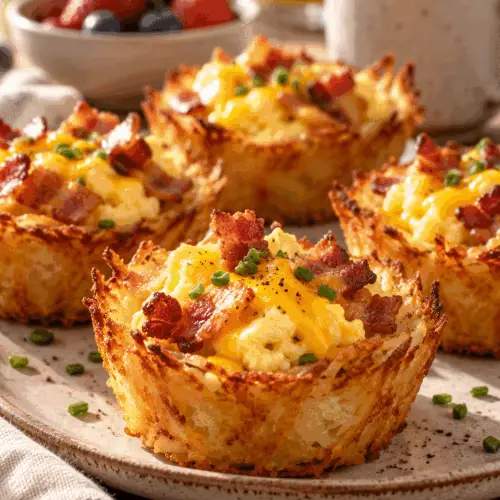 Scrambled egg hash brown cups with bacon and cheese