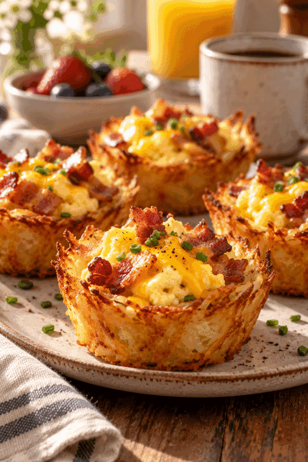 Scrambled egg hash brown cups with bacon and cheese