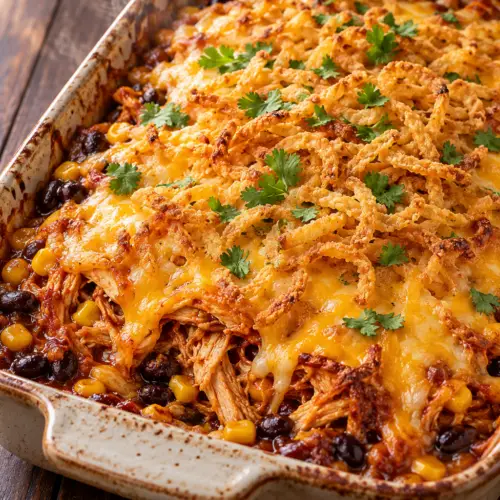 shredded BBQ chicken casserole with crisp topping