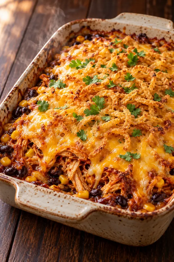 shredded BBQ chicken casserole with crisp topping