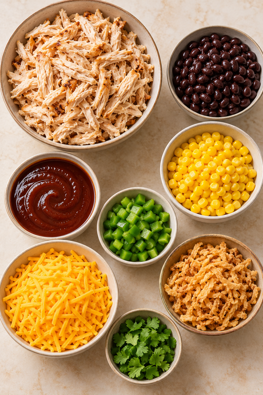 shredded BBQ chicken casserole ingredients measured and arranged