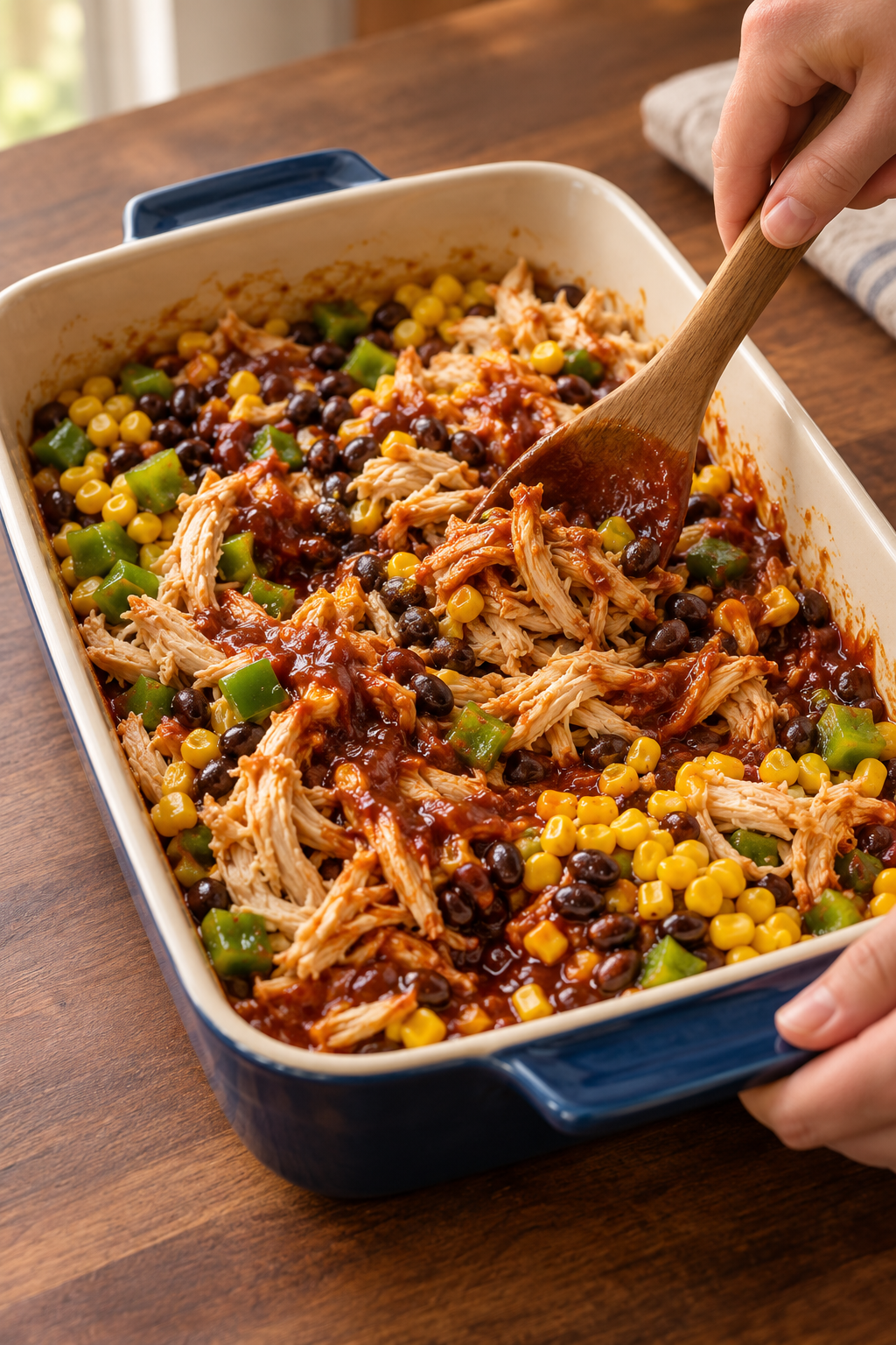 shredded BBQ chicken casserole being assembled before baking