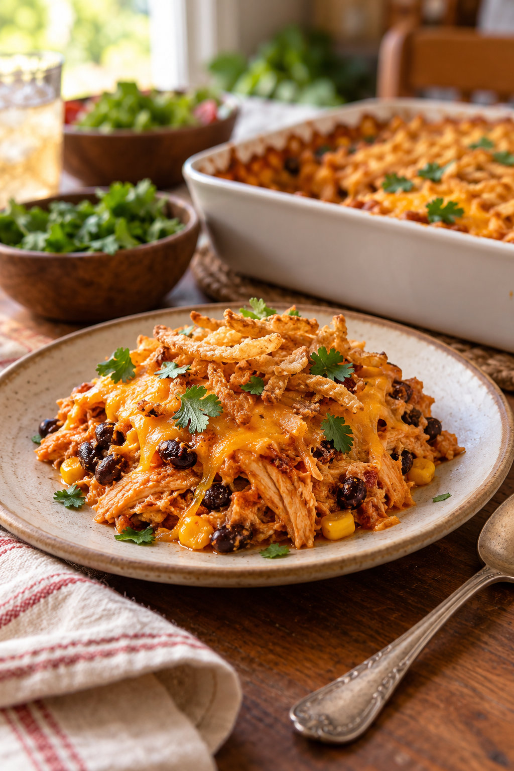 shredded BBQ chicken casserole served hot with cilantro