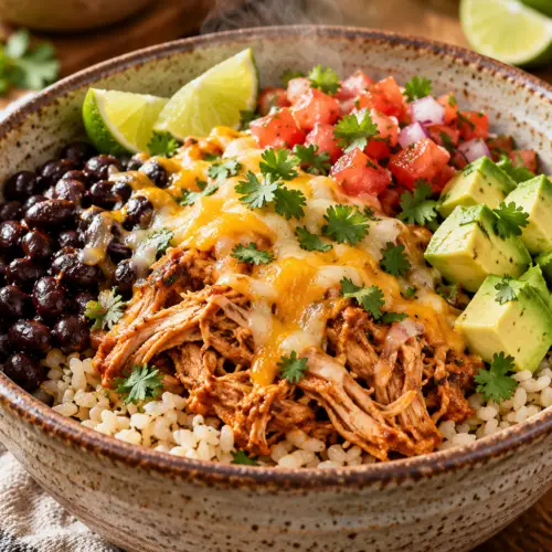 Slow cooker chicken burrito bowls with chicken, rice, beans, and cheese
