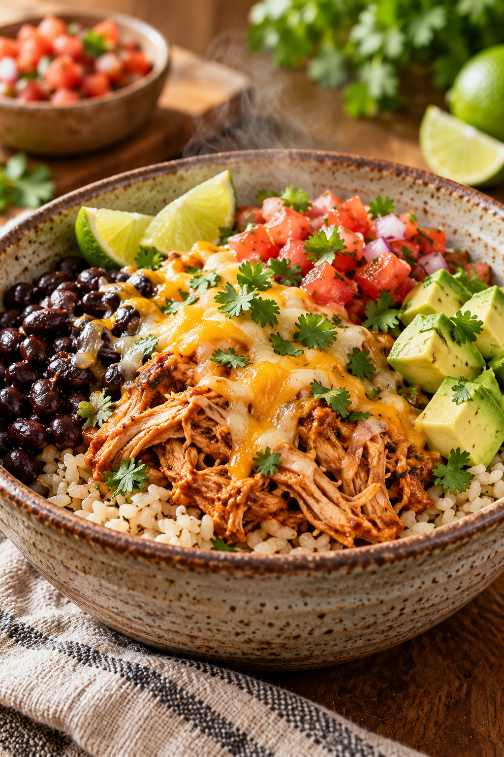 Slow cooker chicken burrito bowls with chicken, rice, beans, and cheese