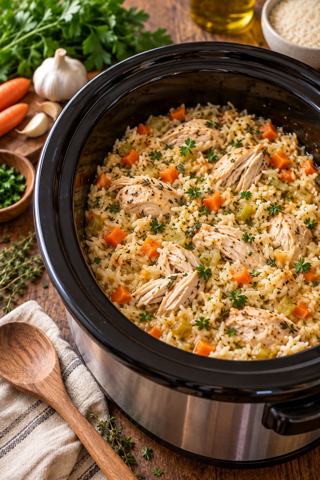 Chicken and rice cooking in the slow cooker