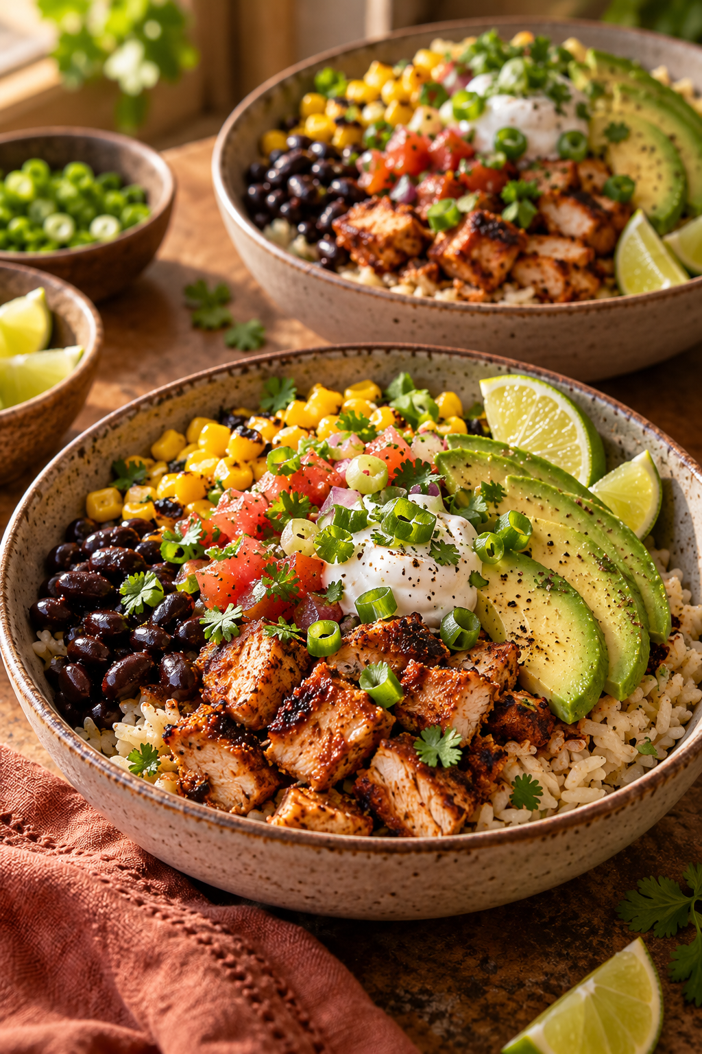 Finished slow cooker chicken burrito bowls with toppings
