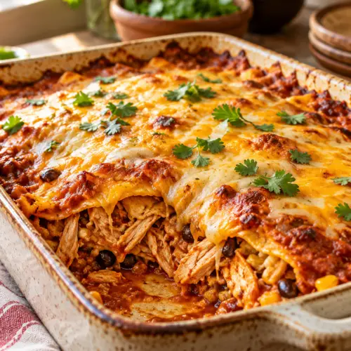 slow cooker chicken enchilada casserole in a bowl