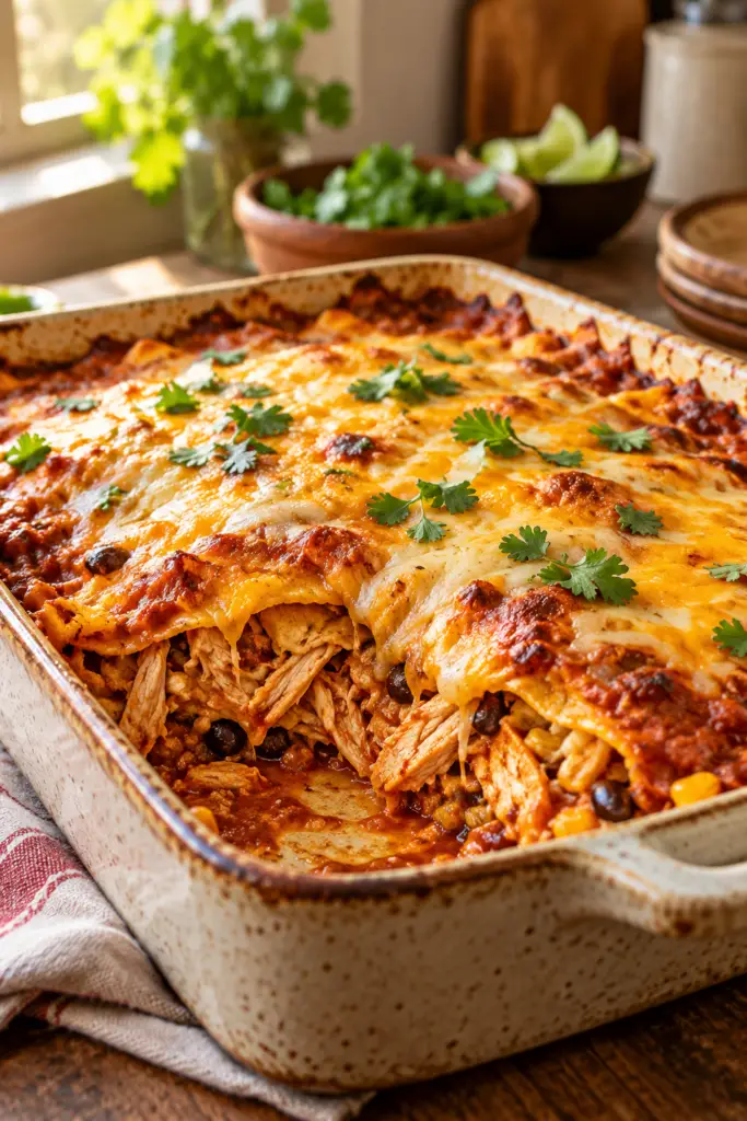 slow cooker chicken enchilada casserole in a bowl
