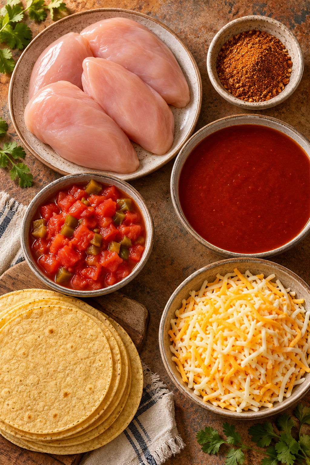 slow cooker chicken enchilada casserole ingredients measured and arranged
