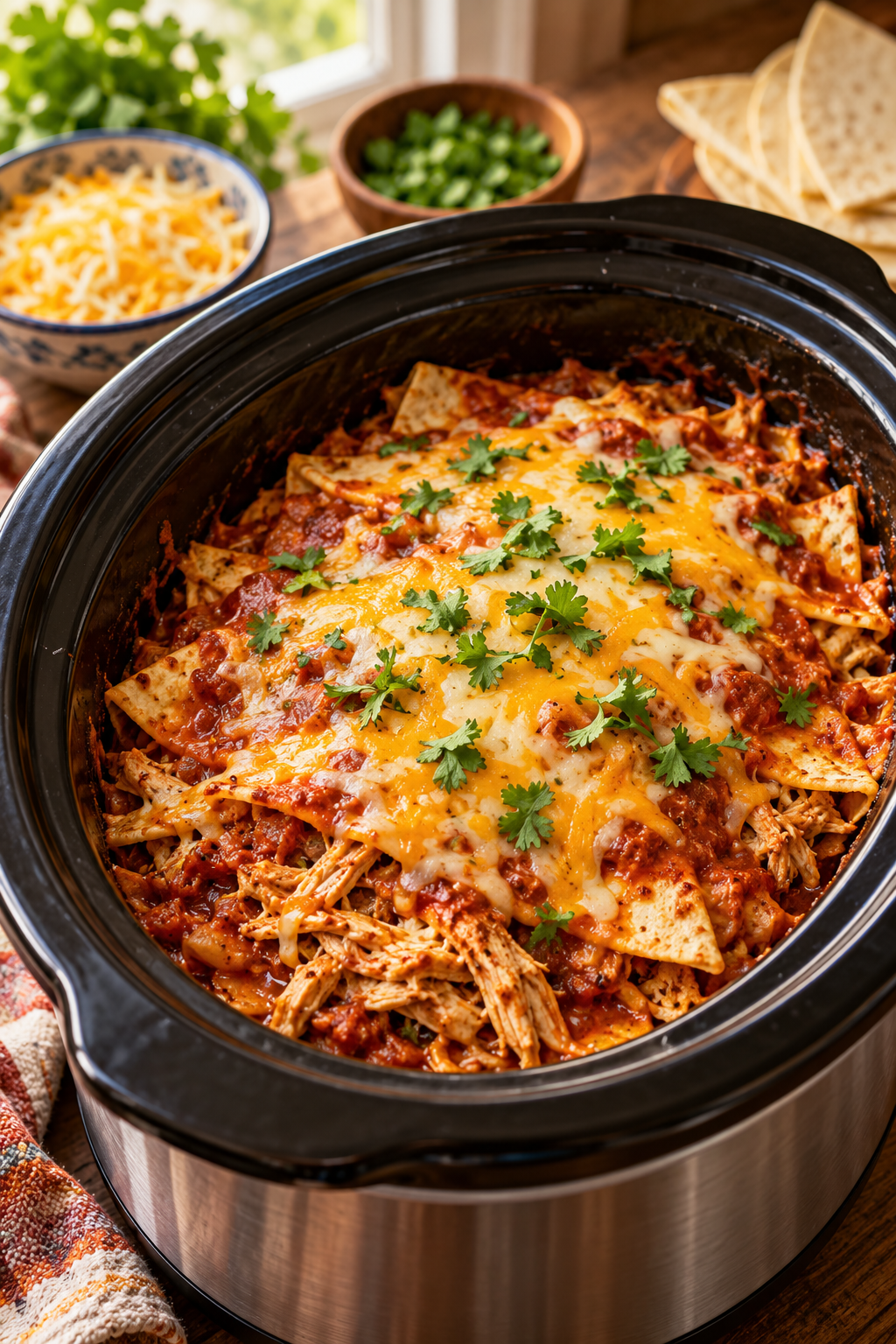 slow cooker chicken enchilada casserole being assembled