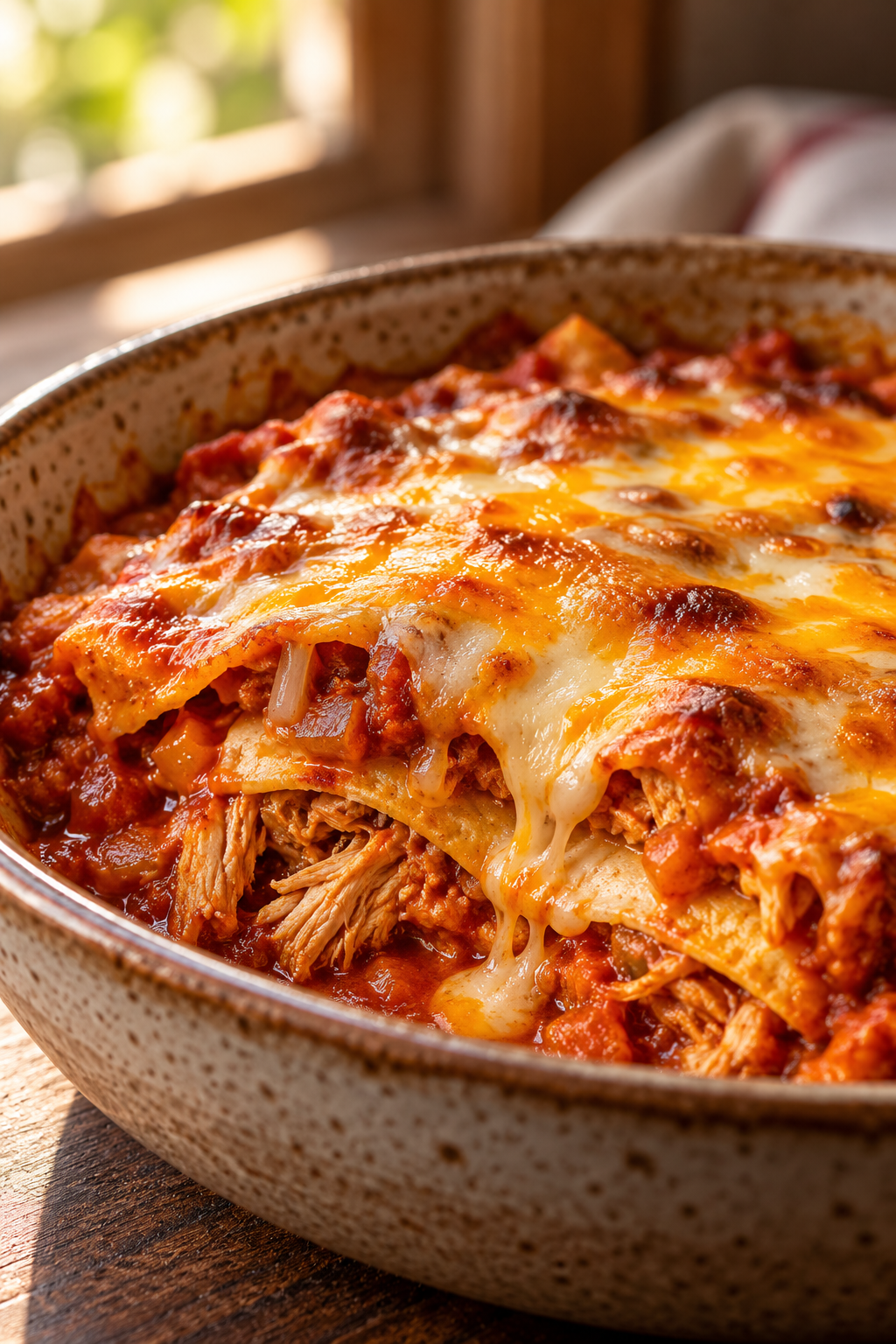 slow cooker chicken enchilada casserole served with melted cheese