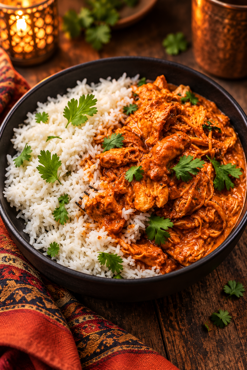 Finished slow cooker chicken tikka masala served over rice