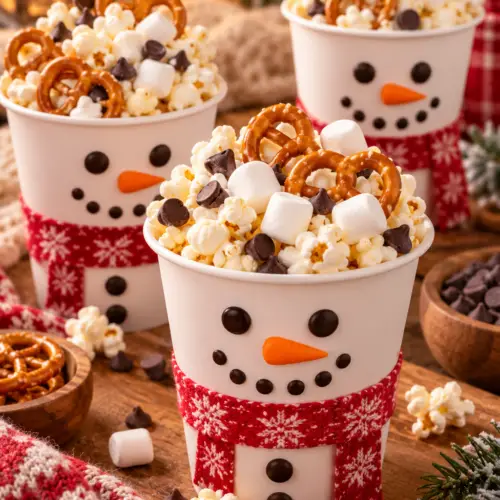 snowman snack cups served in clear cups