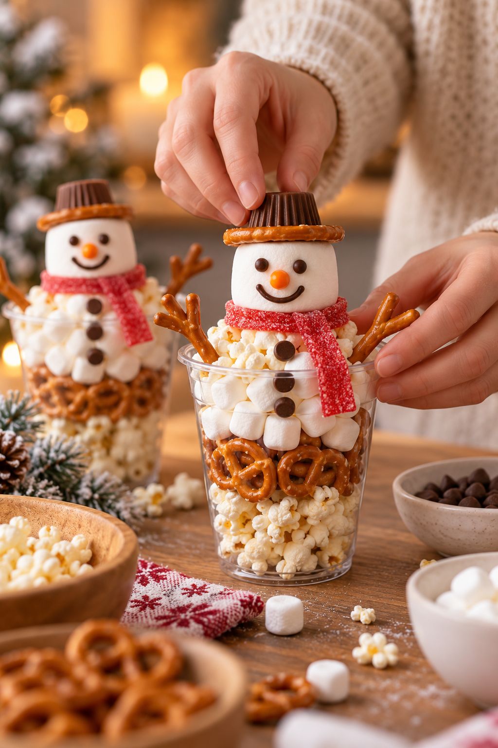 Assembling goldfish cracker snacks with popcorn and pretzels