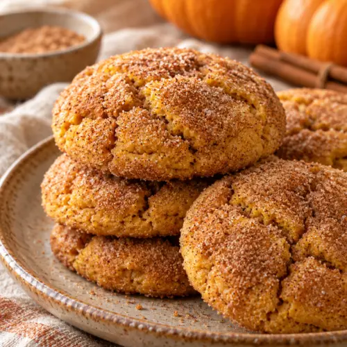 pumpkin snickerdoodles stacked on a plate