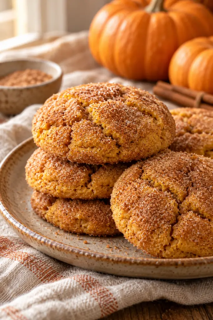 pumpkin snickerdoodles stacked on a plate