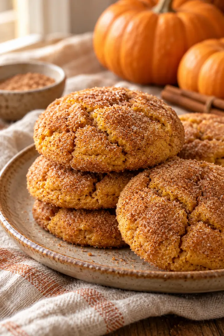pumpkin snickerdoodles stacked on a plate