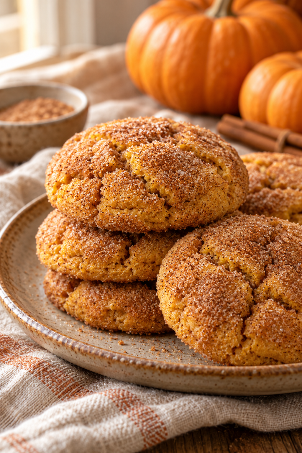 pumpkin snickerdoodles stacked on a plate