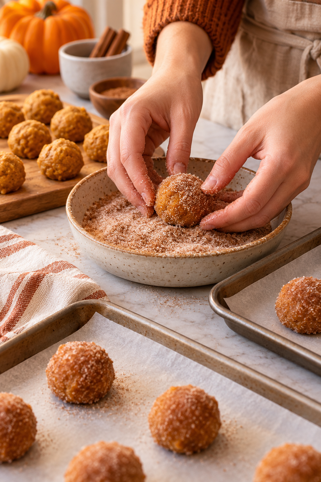 pumpkin snickerdoodles dough being rolled in cinnamon sugar