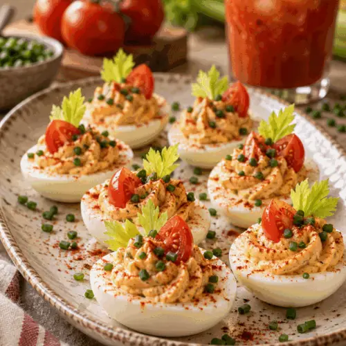 Spicy Bloody Mary deviled eggs arranged on a serving plate