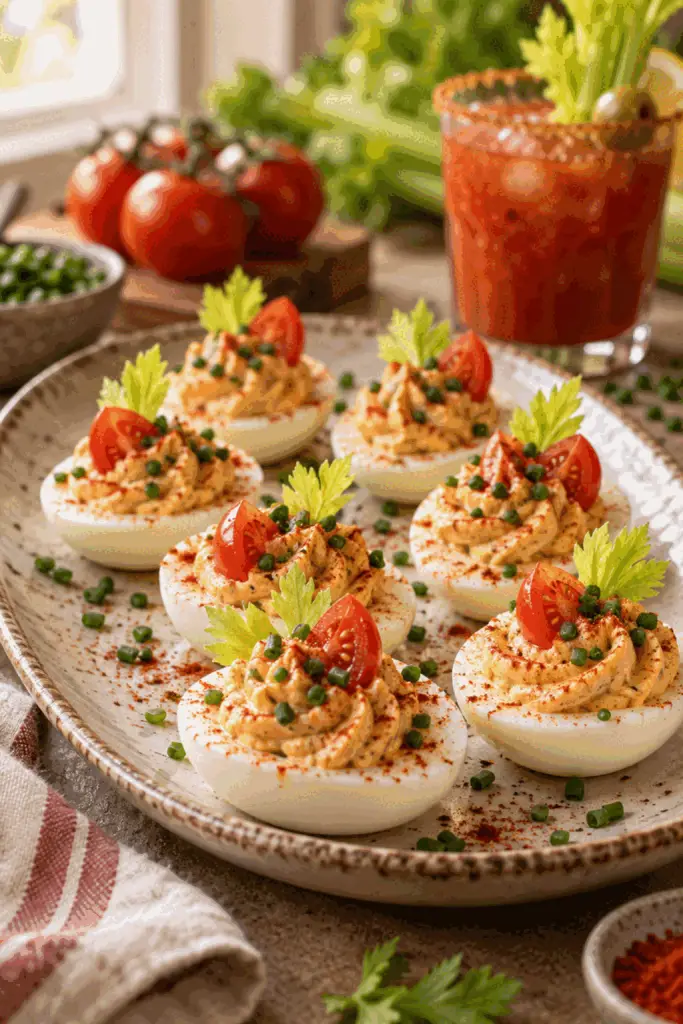Spicy Bloody Mary deviled eggs arranged on a serving plate