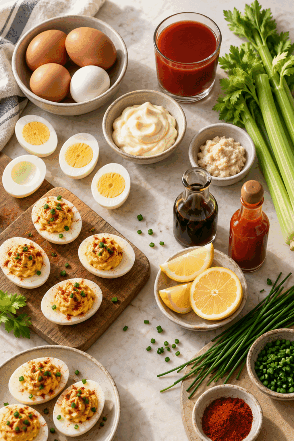 Ingredients for spicy Bloody Mary deviled eggs arranged on a kitchen surface