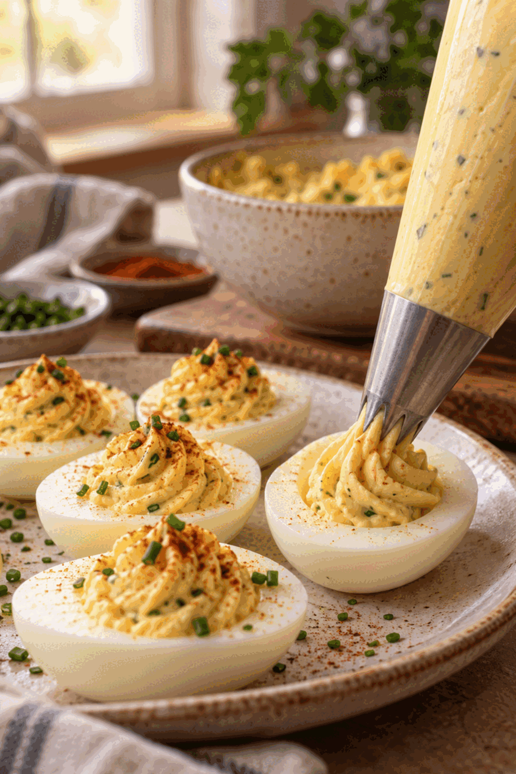 Spicy Bloody Mary deviled eggs being filled with the seasoned yolk mixture