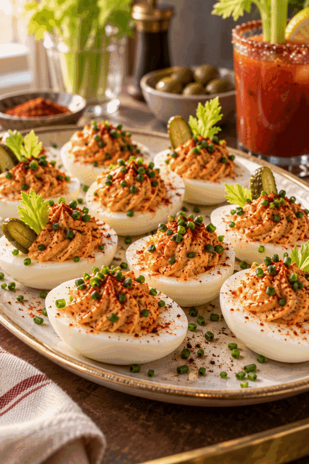 Finished spicy Bloody Mary deviled eggs garnished with chives