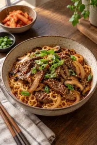 Spicy Korean beef noodles with sliced steak and vegetables